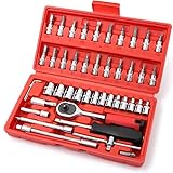Kit de Ferramentas Profissional 46 Peças com Catraca Reversível, Soquetes e Bits – Maleta Compacta Vermelha para Reparo Doméstico, Automotivo e Uso Geral