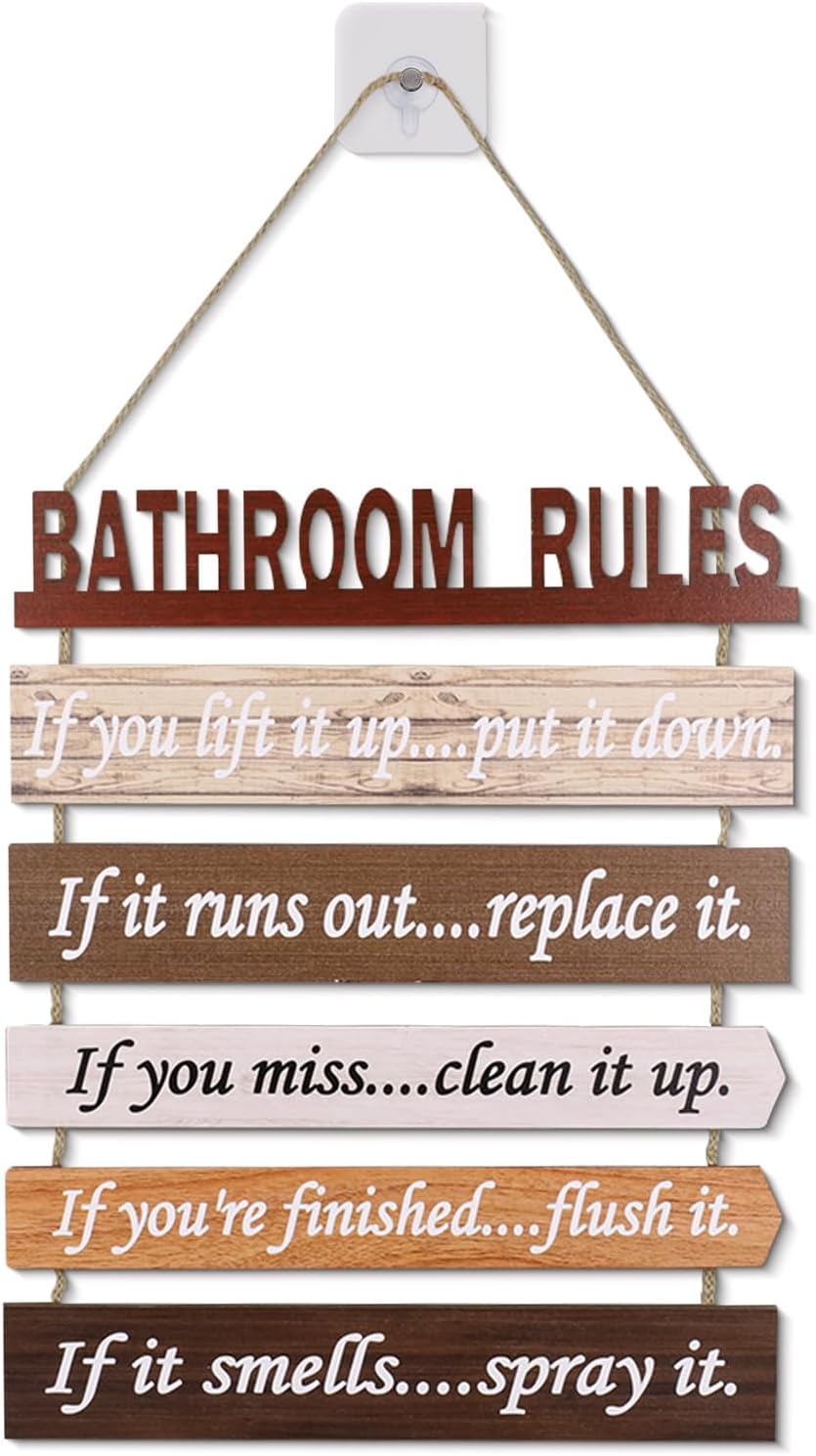 Wooden Bathroom Rules Wall Decor, Brown Bathroom Rules Sign for Wall