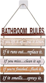 Wooden Bathroom Rules Wall Decor, Brown Bathroom Rules Sign for Wall