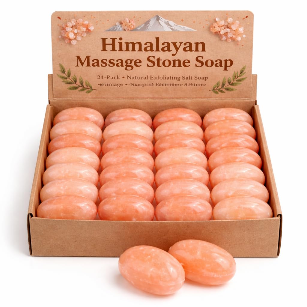 Flat Oval Massage Stone, Pink Crystal Hand-Carved Stone for Massage Therapy, Deodorant and Salt and Sugar Scrubs, 2.5” W x 3.5” L x 1” D (Pack of 6)