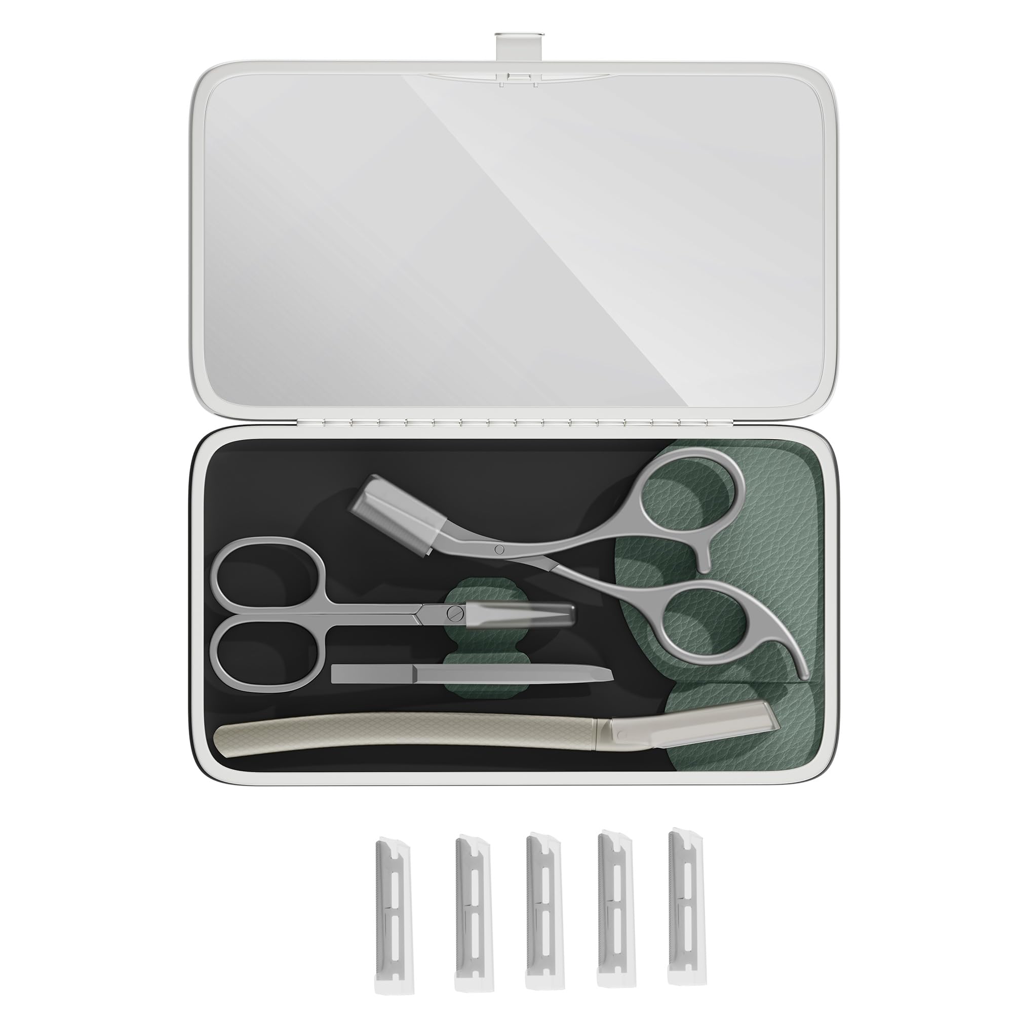 Glamne Kit de toilettage pour sourcils, ciseaux, pince à épiler, rasoir, rasoir facial, avec miroir et étui de voyage
