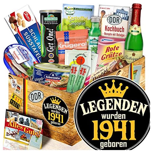 Rosenstein & Söhne Sektverschluss: Verschluss für Sekt-und Champagnerflaschen aus gebürstetem Stahl (Flaschenverschluss) 8 Legenden 1941 - GeburtstagsGeschenkideen - Ostalgie Box Spezialitäten