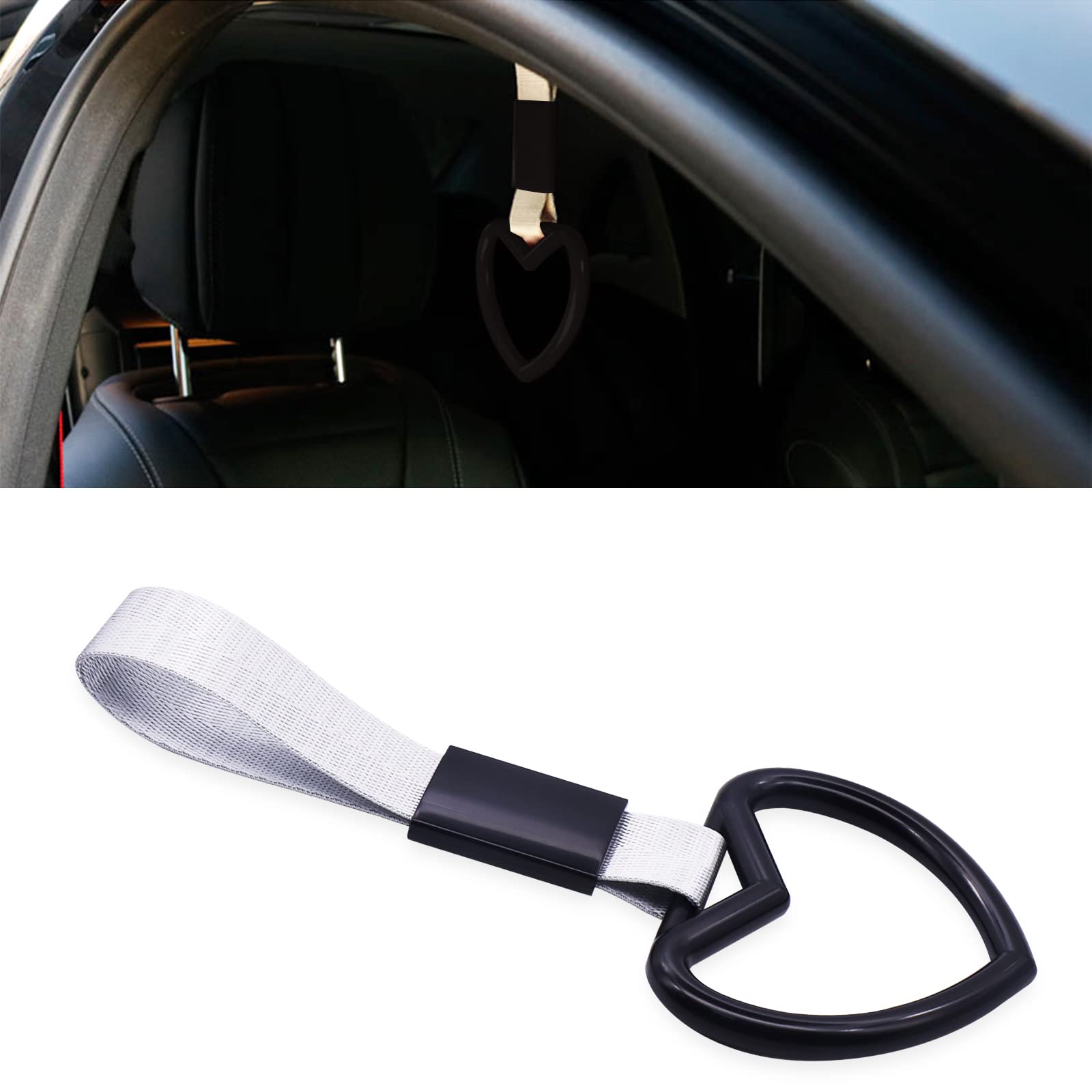 2 Pcs JDM Tsurikawa Ring Broken Heart shaped Car Handle Straps, Bumper Warning Car Accessory for Car Interior(Black)