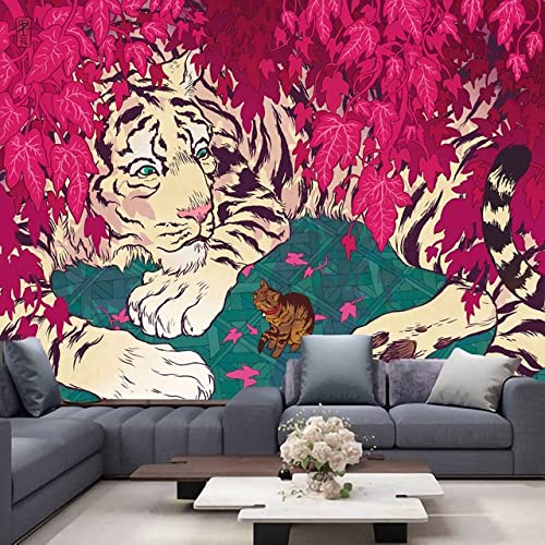 Tenture murale macramé tigre et fille vert fluorescent déco hippie grand format pour chambre