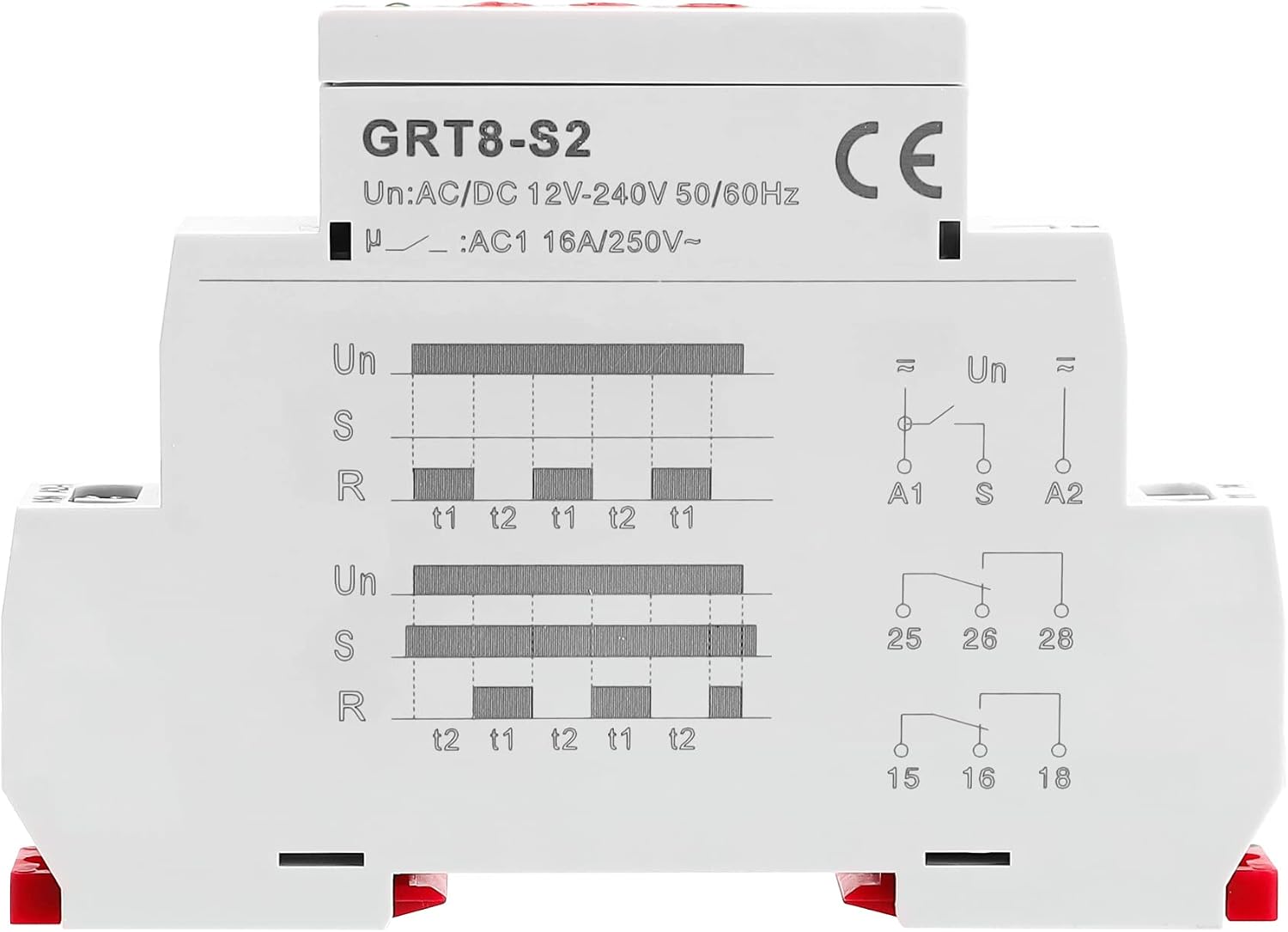 GEYA Asymmetric Cycle Time Relay 2SPDT 16A AC/DC12V-240V Cycler Repeat Timer Delay Relay Din Rail Modular(GRT8-S2,AC/DC12V-240V)
