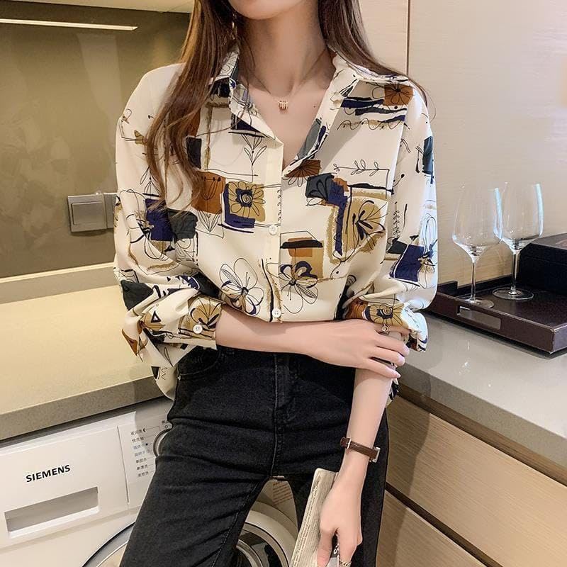 Image of ROYALICA Women's Short Sleeve Drop Shoulder Collared Blouse Button Down Graphic Print Blouse Shirts Top
