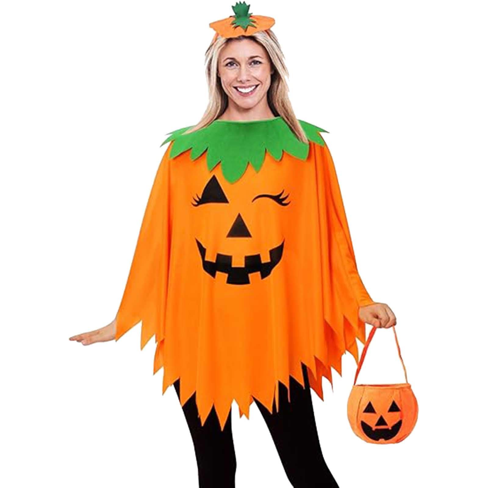 3PCS Pumpkin Costume Accessories, Glow in The Dark Halloween Pumpkin Poncho Costume with Candy Bag Headband for Adults Woman Men Cosplay Dress Up — image 1