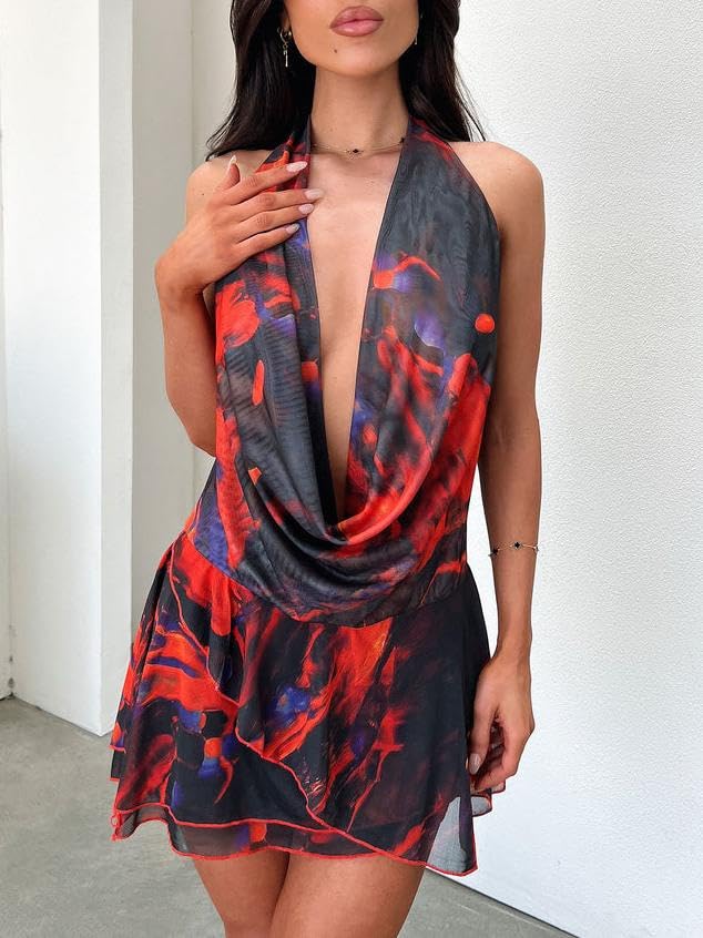 Image of Women Halter V Neck Mini Dress Sexy Sleeveless Backless Slim Fit Party Club Short Dress Y2K Beach Sundress