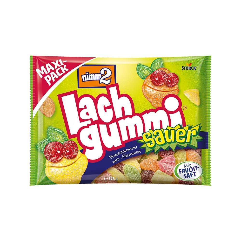 nimm2 Lachgummi Sauer – 1 x 376 g Maxi Pack – Saures Fruchtgummi mit Fruchtsaft und Vitaminen – Süßigkeit in sechs Geschmacksrichtungen