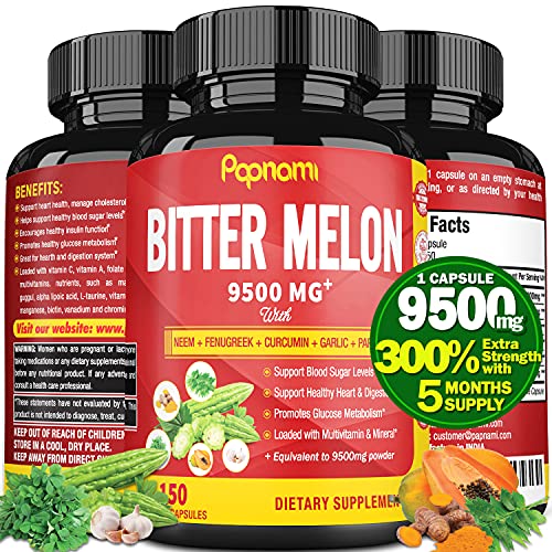 Organic Bitter Melon Extract Capsules 9500mg & Neem, Fenugreek, Curcumin, Garlic, Papaya, 5 Months Supply | Lower Balance Blood Sugar Pressure, Support Digestive, Immune | Weight Management Supplement