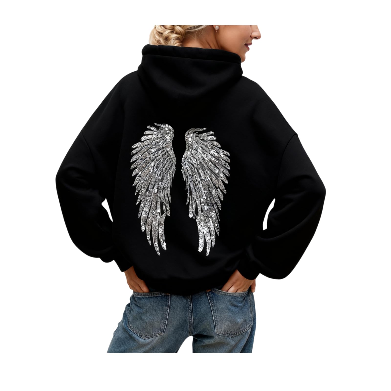 Sweat Ailes Paillettes Sweat à Capuche Femme Manches Longues Décontracté Chaud Chic Élégant Streetwear avec Poches Sport Casual Hoodie Sweatshirt pour Travail Randonnée la pêche