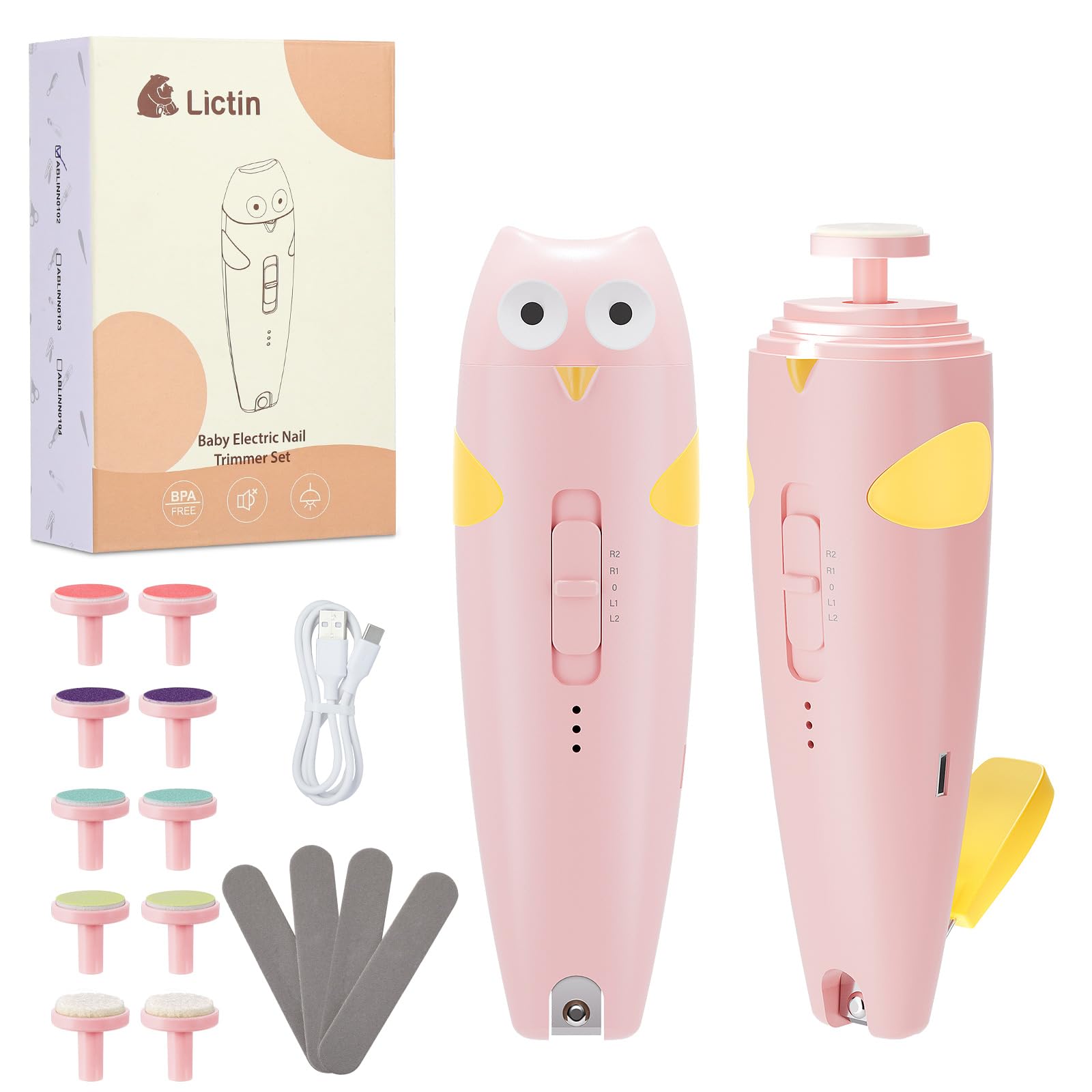 Lictin Tagliaunghie Elettrica per Neonato,Tagliaunghie 15 in 1,tagliaunghie elettrica sicura per bambini,set per manicure con 10 testina di affilatura e luci LED per neonati o adulti(Rosa)