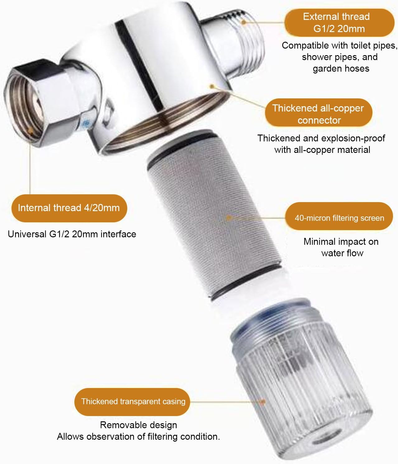 Aramox 316 Stainless Steel Sediment Water Filter, Spin Down Reusable Whole House Pre Filtration System, with 40 Micron for Wash Drinking Bathing