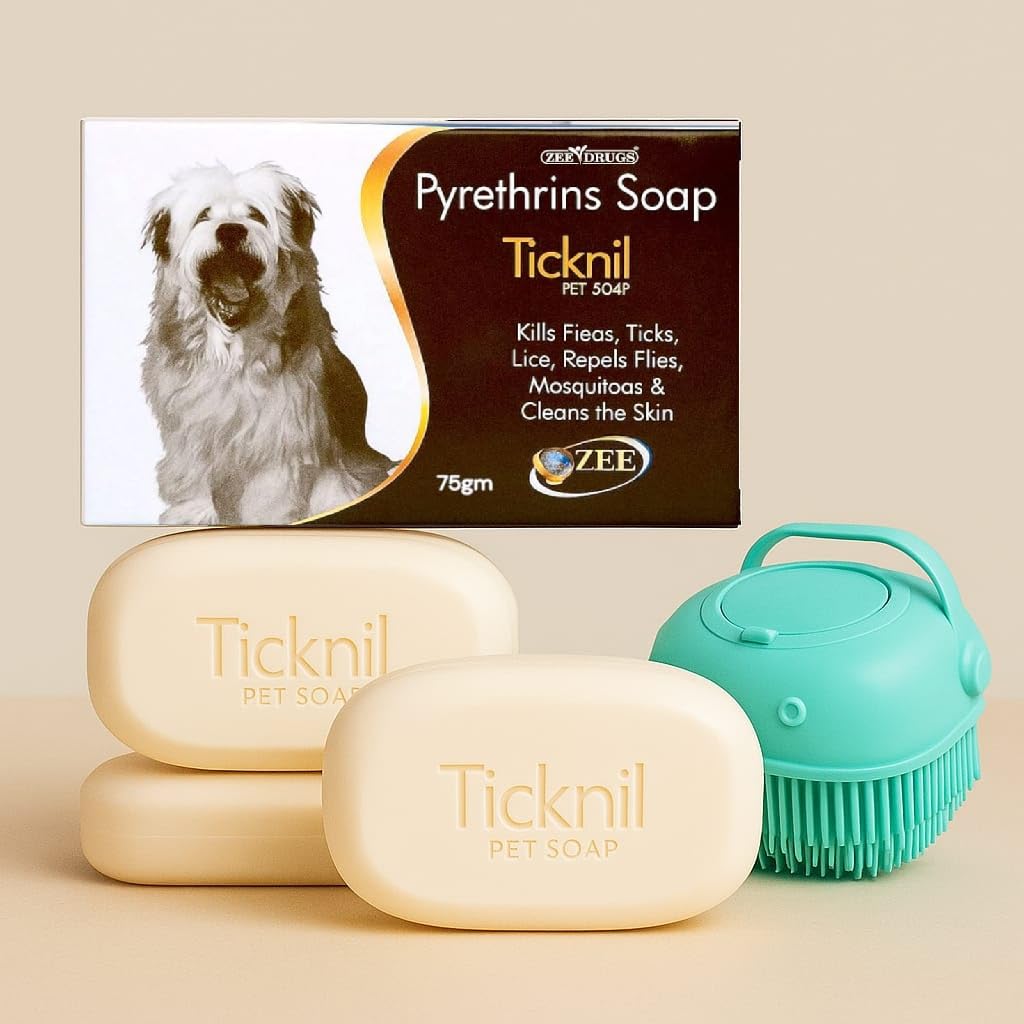 Zee Drugs Ticknil Pet Soap Kills Fleas,Ticks,Lice Mosquitoes&Clean The Skin(Pack Of 3 Soaps)With Silicone Bath Brush