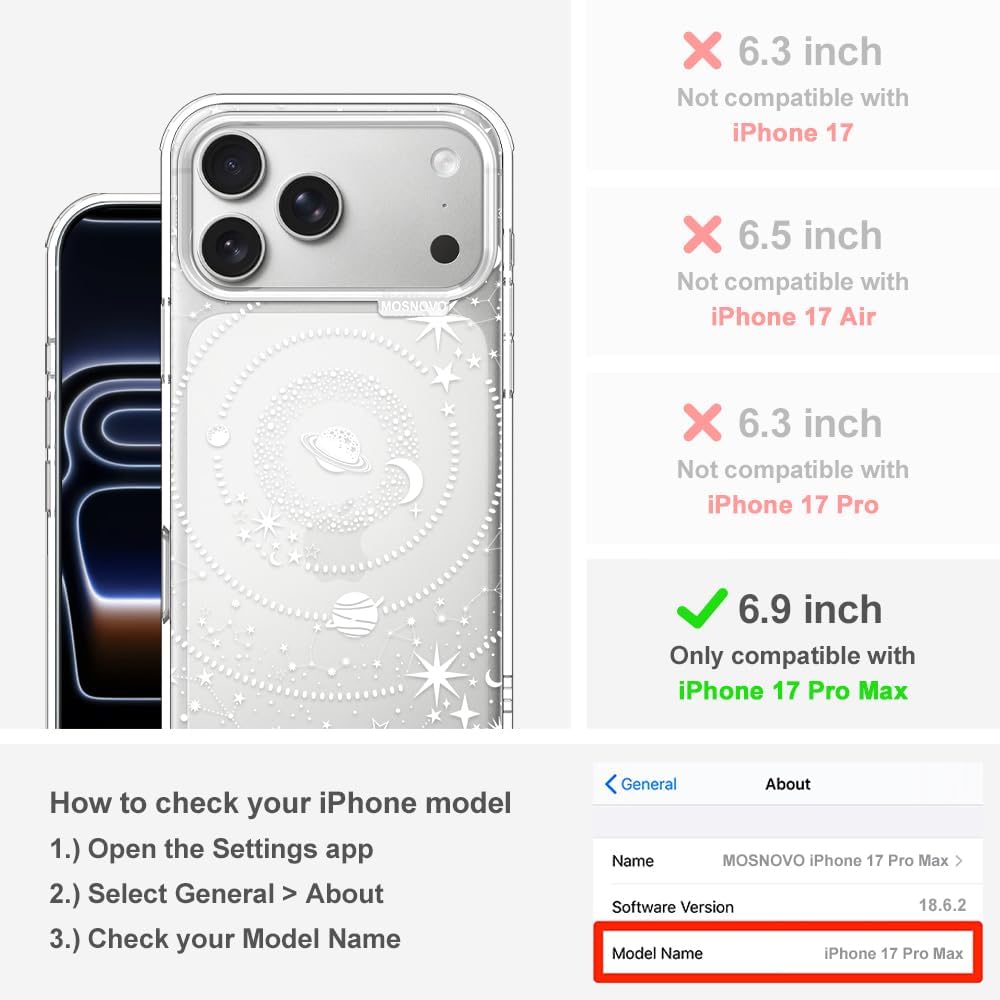 MOSNOVO for iPhone 17 Pro Max Case | Military Grade 6.6ft Drop Tested | Camera Control | Clear with Galaxy Design image 2