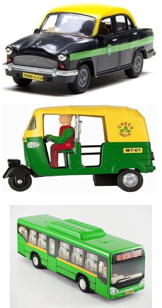 Tzoo Technology and You Pull Back Cng Auto Rickshaw, Ambassador Taxi And Low Floor Bus, Public Service Transport Vehicles Set For Kids Age 3+ Years - Multicolor