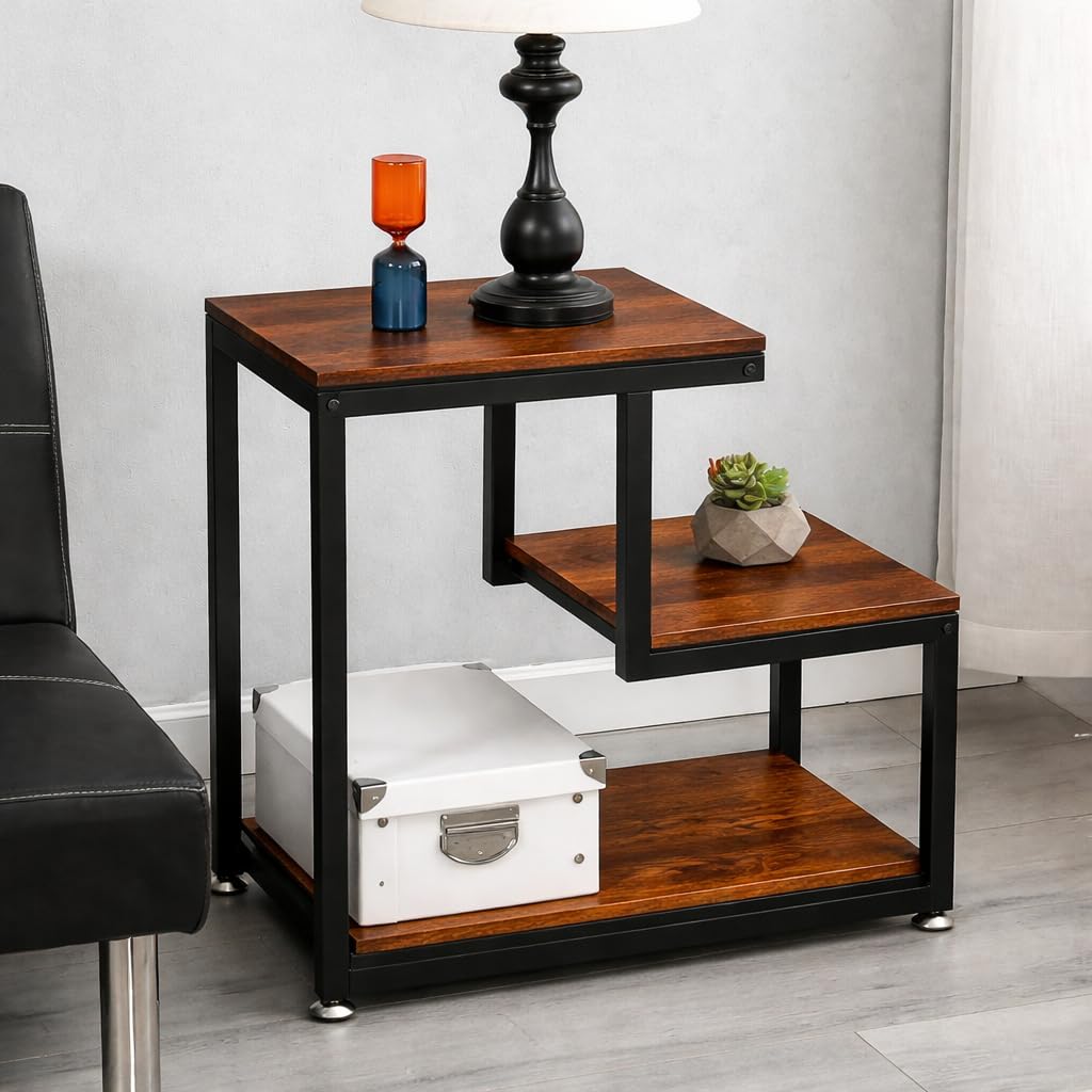 Brown Art SHOPPEE 3-Tier Sofa Side Table, Nightstands with Storage Shelf, Sturdy Metal Frame, Ladder-Shaped Chair Side Table, Tabletop Storage Shelf for Living Room or Bedroom (Black & Brown)-image-44