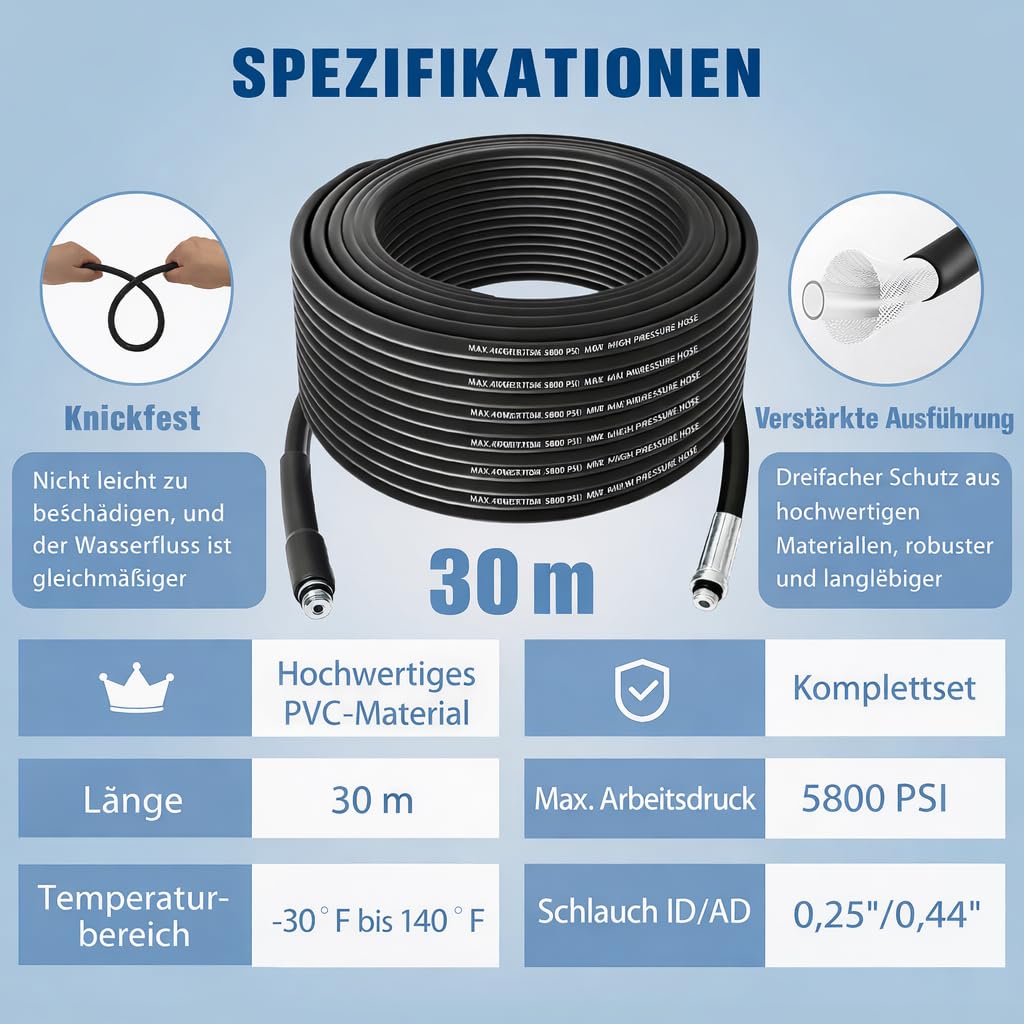 Rohrreinigungsschlauch 30m für Hochdruckreiniger, Rohrreiniger Set Kanalratte mit Rotationsdüse & Knopfdüse, Abflussreiniger Rohrfrei Kompatibel mit Kärcher K-Serie, Bosch AQT, Lavor & 1/4", 400Bar