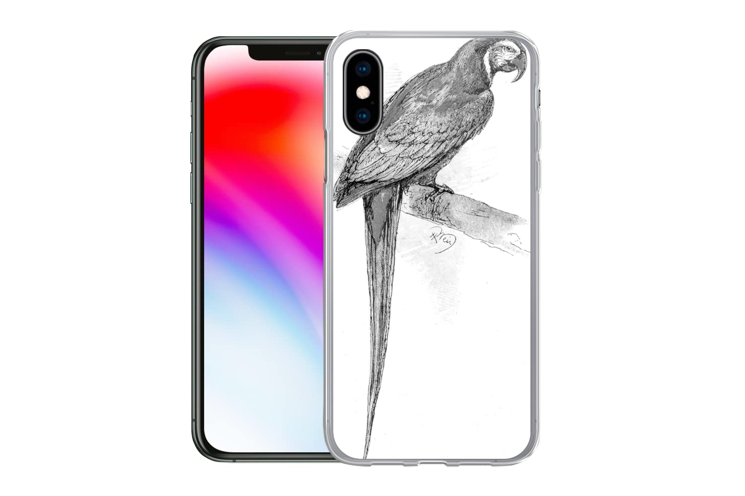 MuchoWow Funda para iPhone X - Una ilustración Antigua de un Loro - Blanco y Negro - Funda de Silicona/Funda Blanda para teléfono móvil