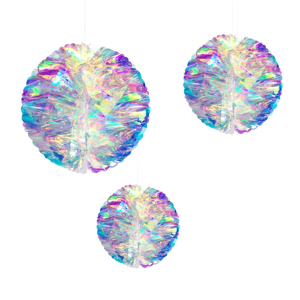 Pack of 3 Christmas Iridescent Honeycomb Ball Colourful Foil Ceiling Ball Paper Fan Pom Ball Hanging Ornament for Frozen Holiday Birthday Wedding Home Decor 15 cm 20 cm 25 cm
