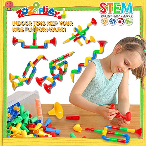 ZoZoplay STEM Toys Tube Locks 72 Piece Tubular Pipes & Spouts & Joints & Whistles Learning Educational Building Block Set with Wheels Gift for Boys Girls - Thumbnail 7