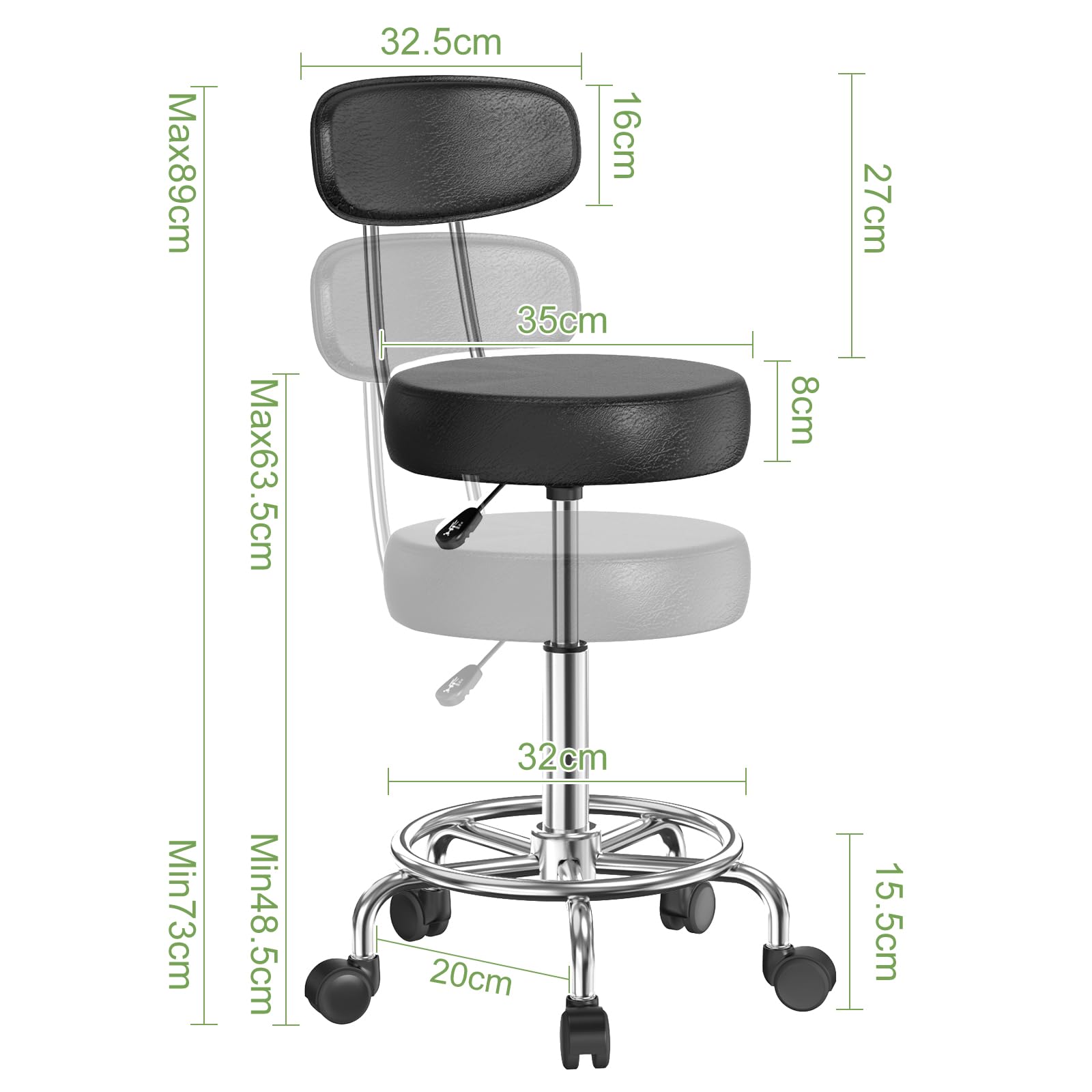 Lot de 2 Tabouret de Bureau avec Dossier,Tabouret à roulettes Rotation à 360°Hauteur Réglable 49-64cm,Tabouret de Travail chaises de Bar avec Roues, pour Salon de Massage, Bureau,Noir