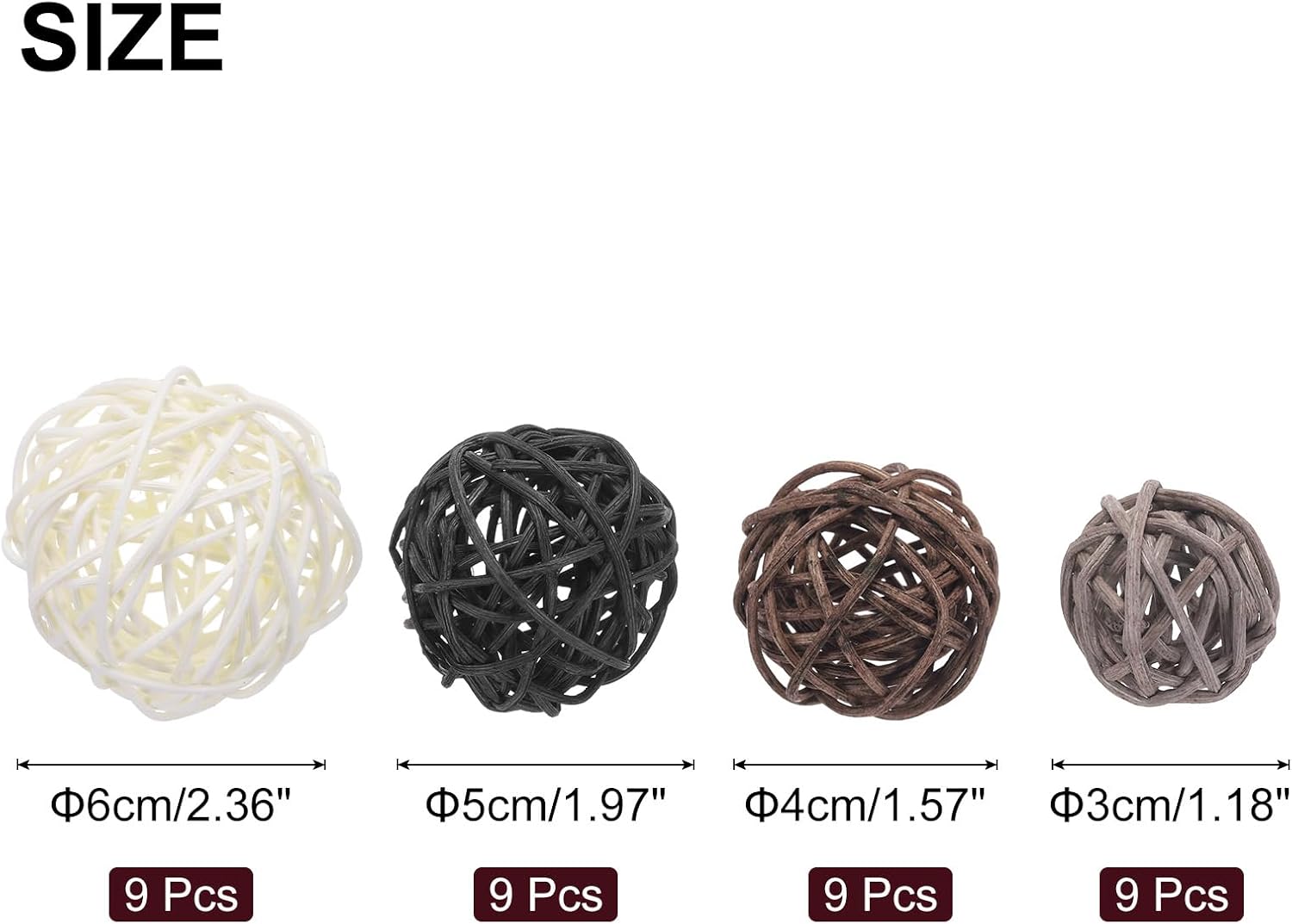 MECCANIXITY 36 Pcs Vase Filler Decorative Balls, 2.4/2/1.6/1.2" White/Black/Brown/Gray Wicker Rattan Decor, Balls Bowl Fillers for Home Decor,Center Table