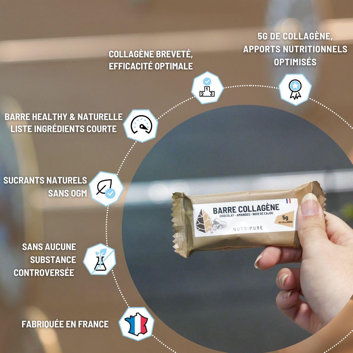 Nutripure Barre Collagène Peptan® Snack Sain Gourmand Amandes Noix Cajou Pépites Chocolat 10g Collagène 170 kcal 20 barres