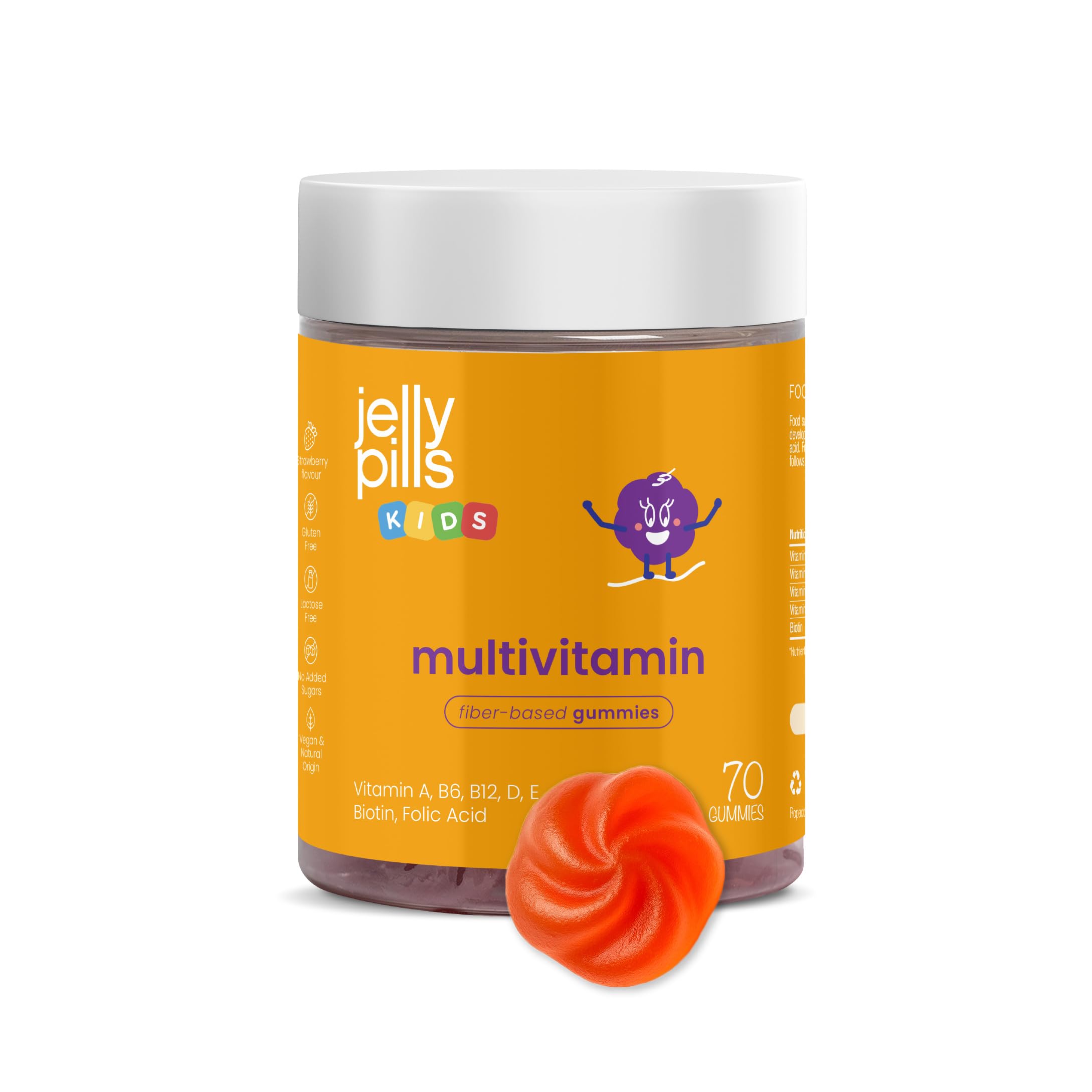 Jelly Pills Gummies Multivitaminées & Minéraux pour Enfants – 70 Gummies Véganes – Sans Sucres Ajoutés – Goût Fraise – A, B, C, D, E, Zinc, Biotine & Acide Folique