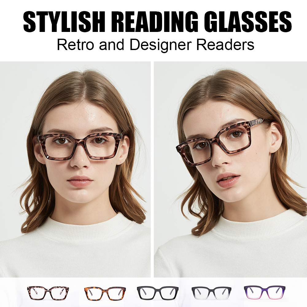 JiSoo Oversized Reading Glasses for Women 1.0, Stylish Designer Readers Large Frame with Spring Hinge, 1.0 Leopard Brown