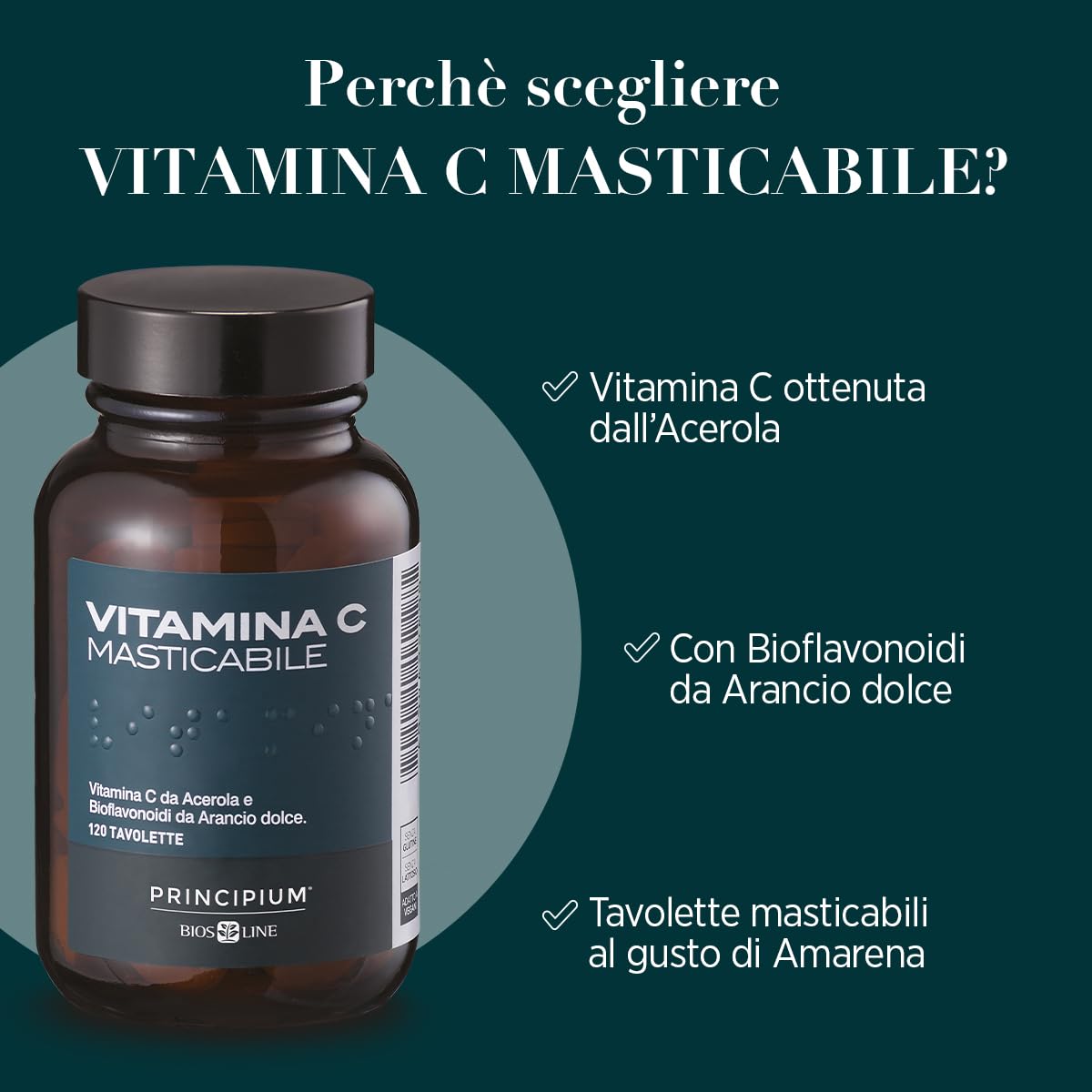 BIOS LINE Principium Vitamina C Masticabile, Integratore Alimentare Naturale di Vitamina C, Gusto Amarena, 120 Tavolette Masticabili