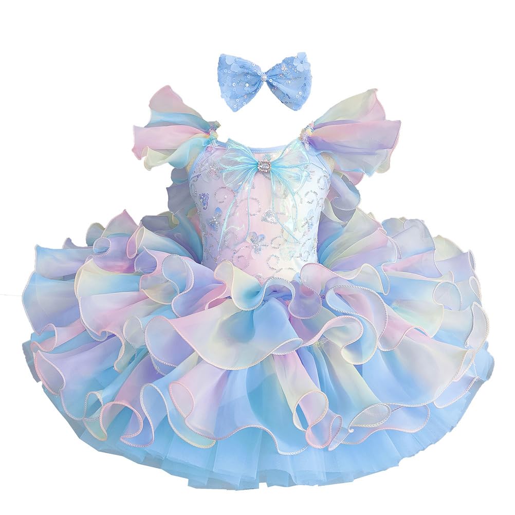 Mädchen Regenbogen-Rüschen Ballettkleid mit Schleifen Stirnband, mehrlagiger Flauschiger Tutu-Rock Tanzkostüm