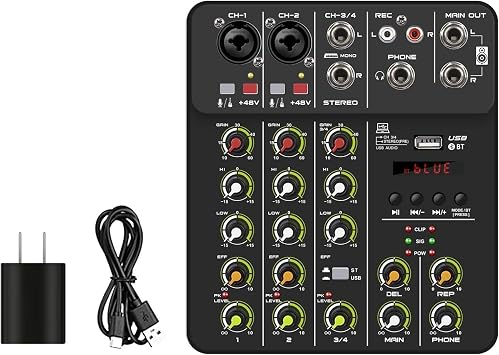 Mixer Audio V4 Mixer 4 Channel Bluetooth USB 48V Delay Playback Effect for Mixing Console with Phantom Power