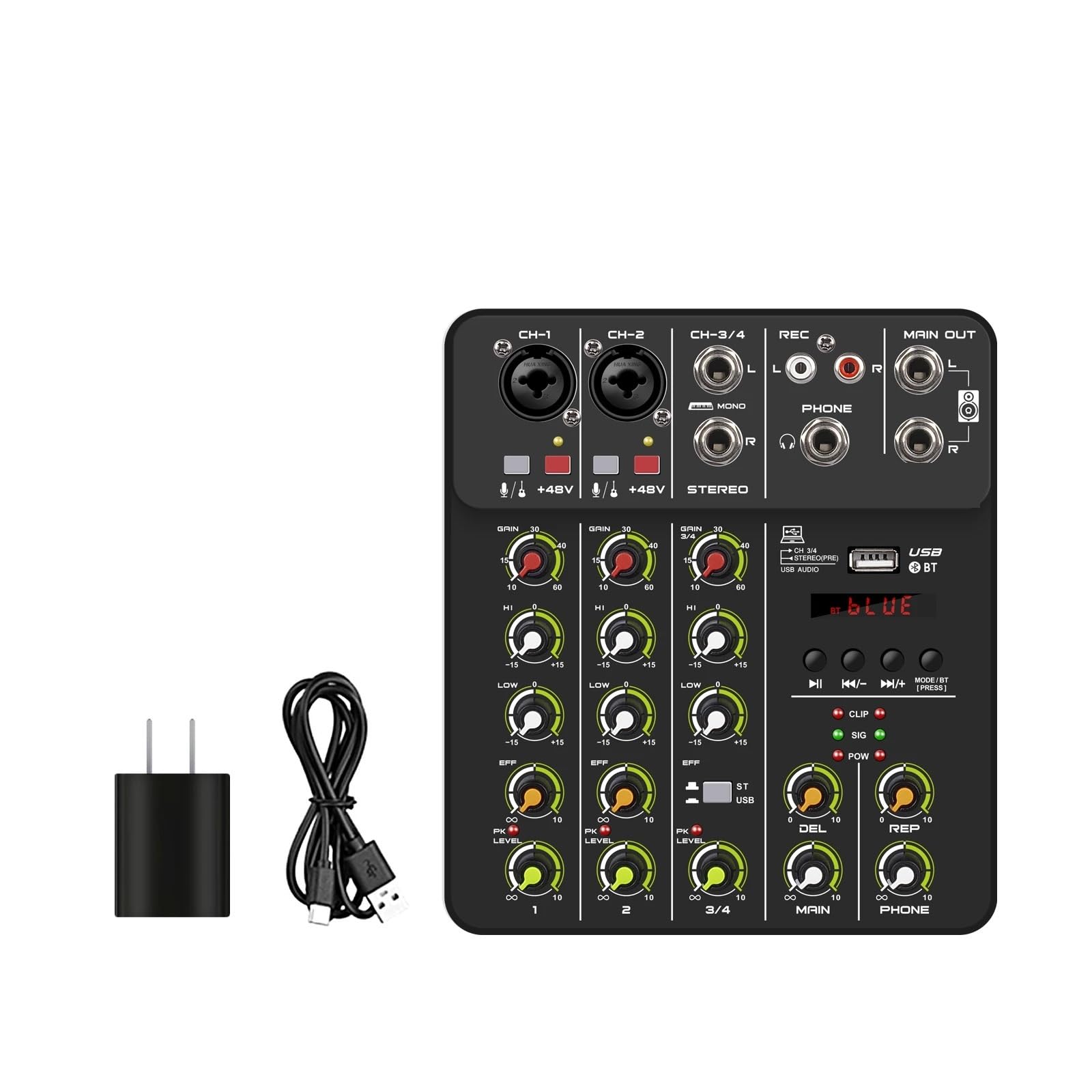 Mixer audio, V4 Mixer a 4 canali con Bluetooth USB 48V Alimentazione Phantom Effetti di riproduzione ritardata for console missaggio