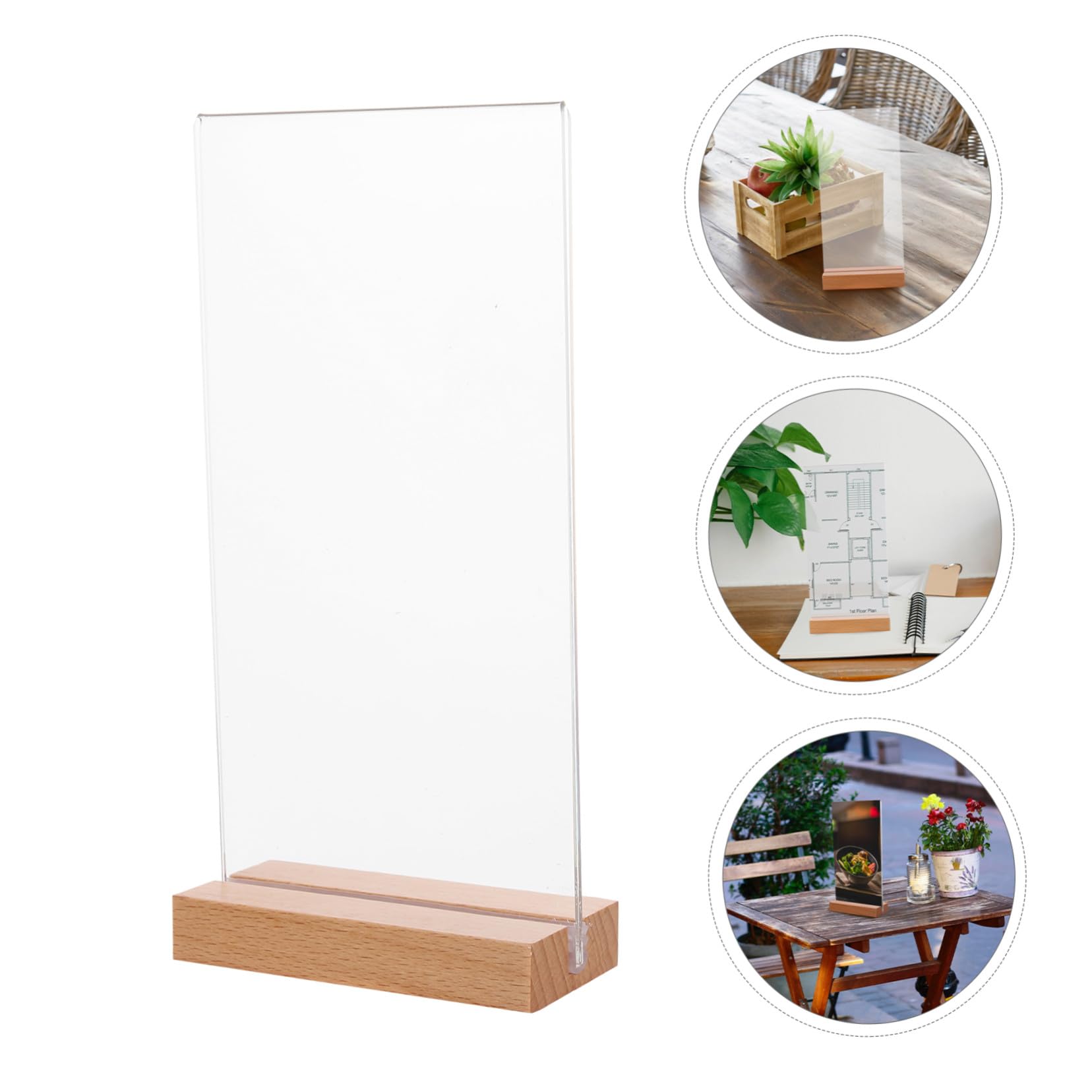 Gatuida 5 Piezas Soporte Menú Acrílico Transparente Doble Cara con Base Madera T Exhibidor Resistente para Restaurante Oficina Tienda y Eventos Vertical