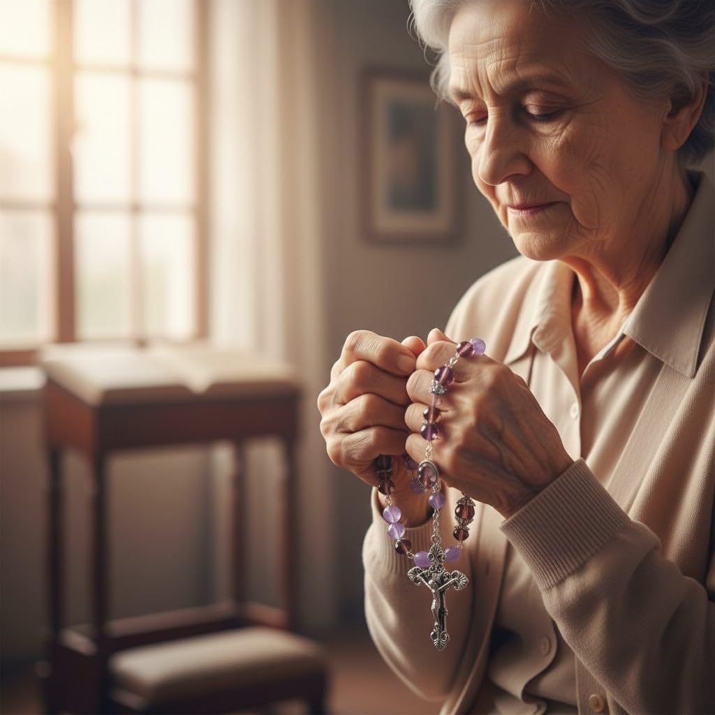 Mary Untier of Knots Maria Desatanudos Lavender Crystal Rosary with Amethyst Pater Noster Capped Beads Silver Plated Bezel Centerpiece with Color Image and a Prayer Card Eng or Spa