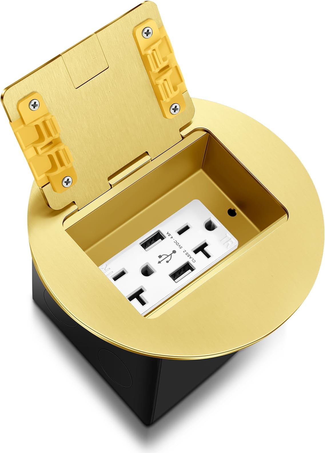 Gold Recessed Floor Outlet 3.98"x 3.66"x 4" 1-Gang with 4.8a USB Chargers 20 Amp Floor Receptacles Round Outlet Kit Electrical Waterproof Box Cover, ETL Listed