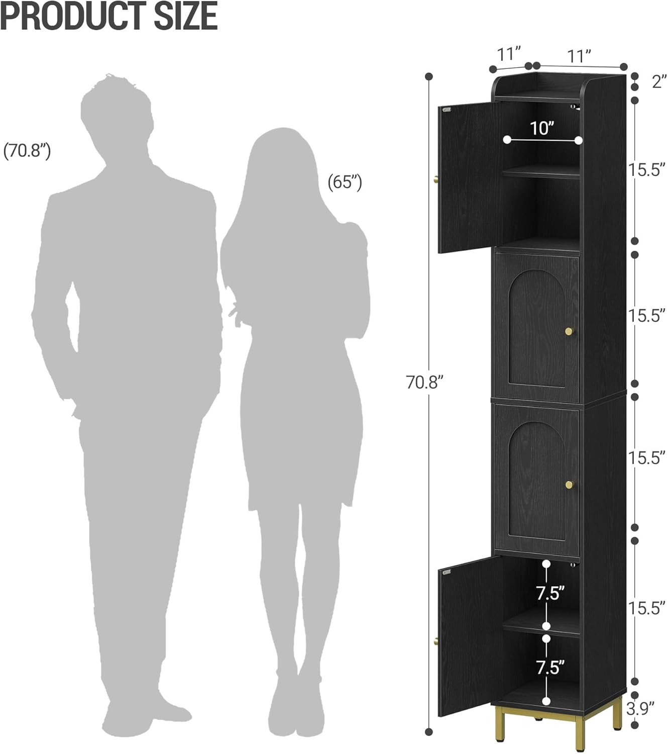 4-Tier Narrow Tall Storage Cabinet, Slim Bathroom Storage Cabinet with 4 Adjustable Feet and Shelves, Bathroom Organization for Small Space, Kitchen, Living Room, Laundry Room Black BC43304G