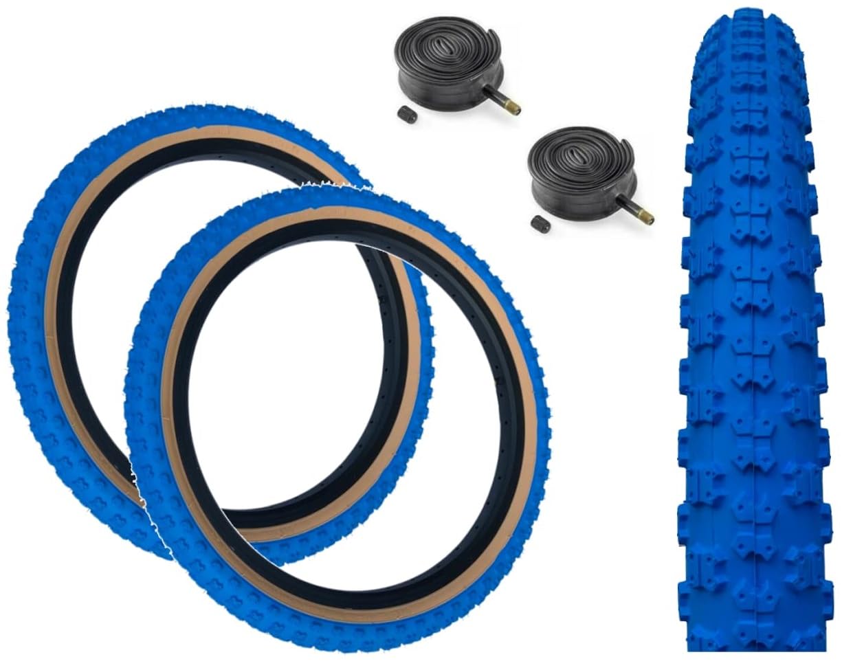 Baldys 20 x 2.125 BMX/Kids Mountain Bike Tyres BLUE/TAN WALL & Schrader Valve Inner Tubes (PACK OF 2)
