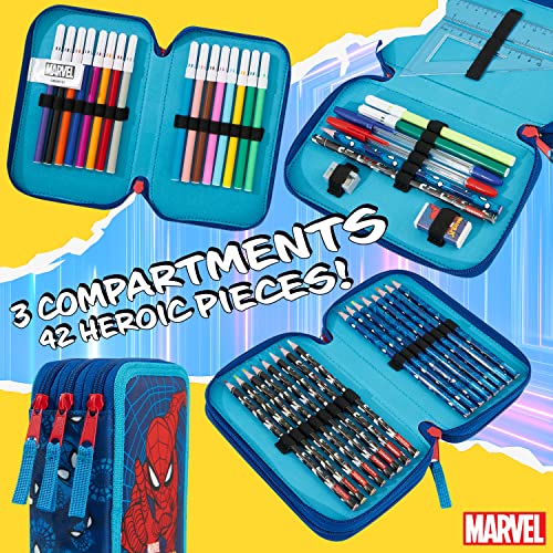 Marvel Pencil Case with Stationery Included School Supplies Filled Large Pencil Case Multiple Compartments Colouring Pencils Pens Boys Stationery Set Gifts for Boys (Spiderman Triple Zip) - Image 4