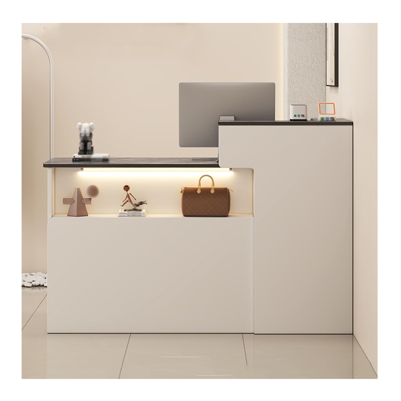 Mostrador de recepción Moderno en Forma de L,mostrador de recepción con cajones con Cerradura,Mesa de recepción con luz, for Tienda de conveniencia y Tienda de Ropa(Gray,L120cm/47.2in)