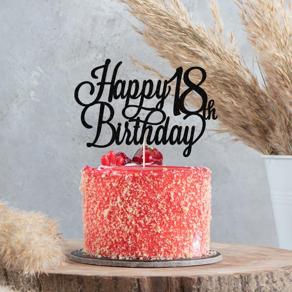 Tortenaufsatz Zum 18. Geburtstag – Schwarzer Glitzer, '18 & Fabulous', Kuchendekoration