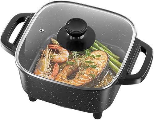 AORAN - Sartén eléctrica con tapa, sartén eléctrica multifuncional para freír, asar a la parrilla, hervir y cocinar, antiadherente, compacta, fácil