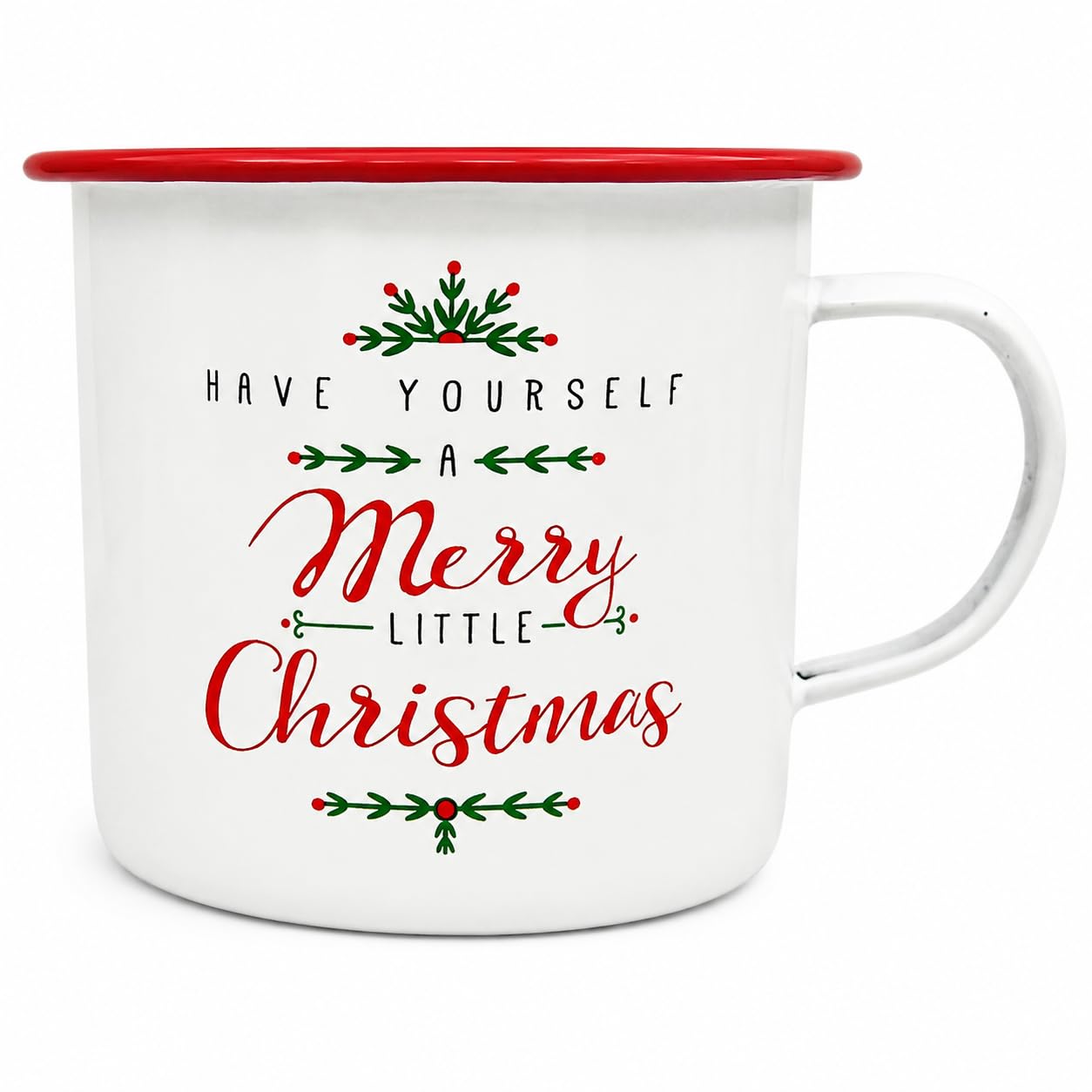 Wowser Merry Little Christmas - Taza de Desayuno, esmaltada, Color Rojo y Blanco, 3 3/4 Pulgadas de Alto