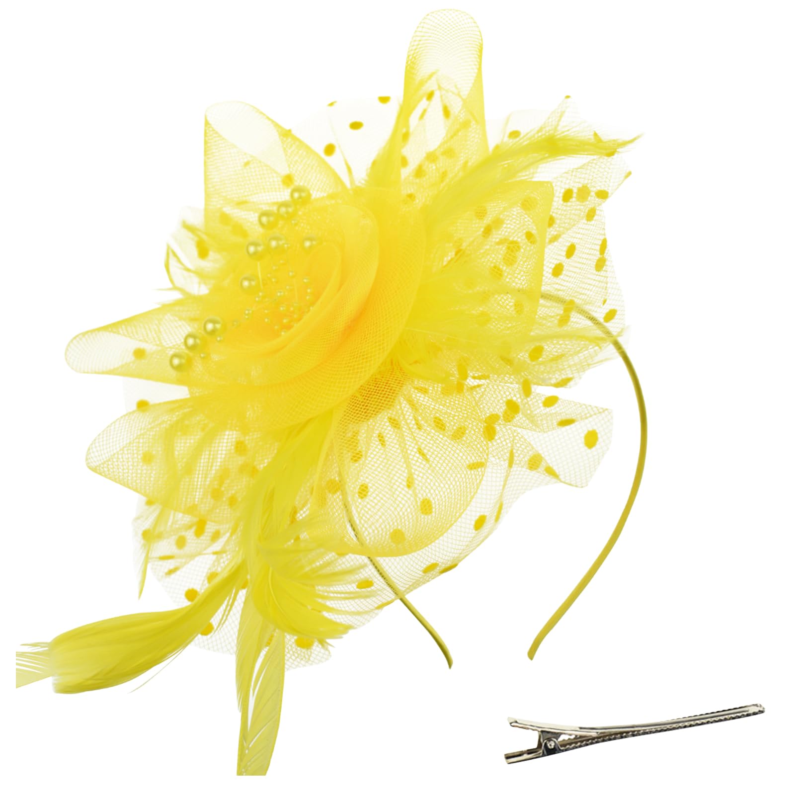 DRESHOW Fascinators Hat Flower Mesh Ribbons Feathers on a Headband and a Clip Tea Party Headwear for Girls and Women