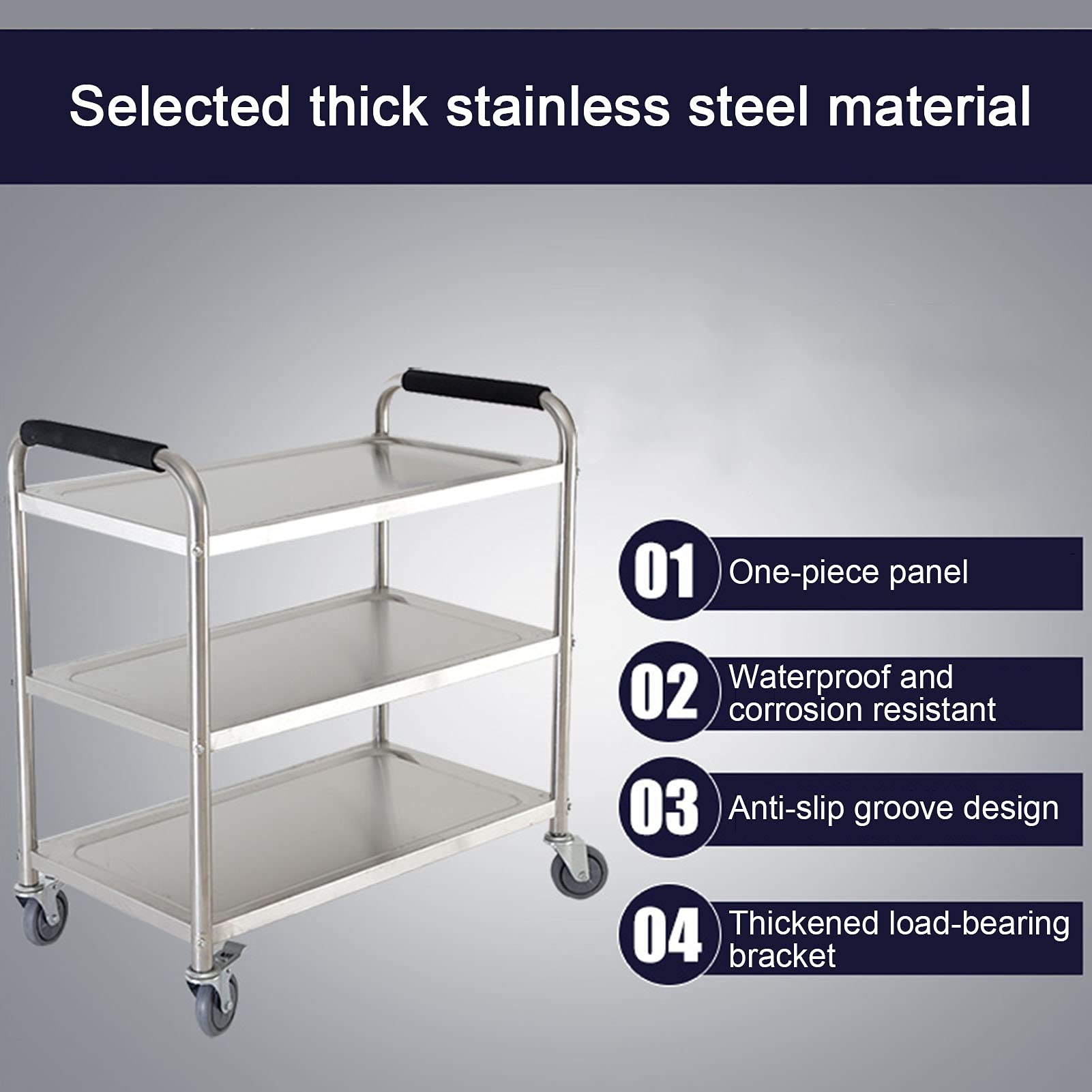 Carrello da portata in acciaio inox a 3 livelli con ruote bloccabili per catering e ristorante, soluzione di archiviazione 85 x 45 x 90 cm