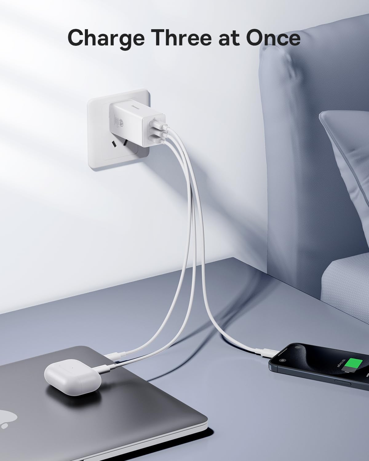 Baseus 65W USB C Wall Charger charging a MacBook Pro