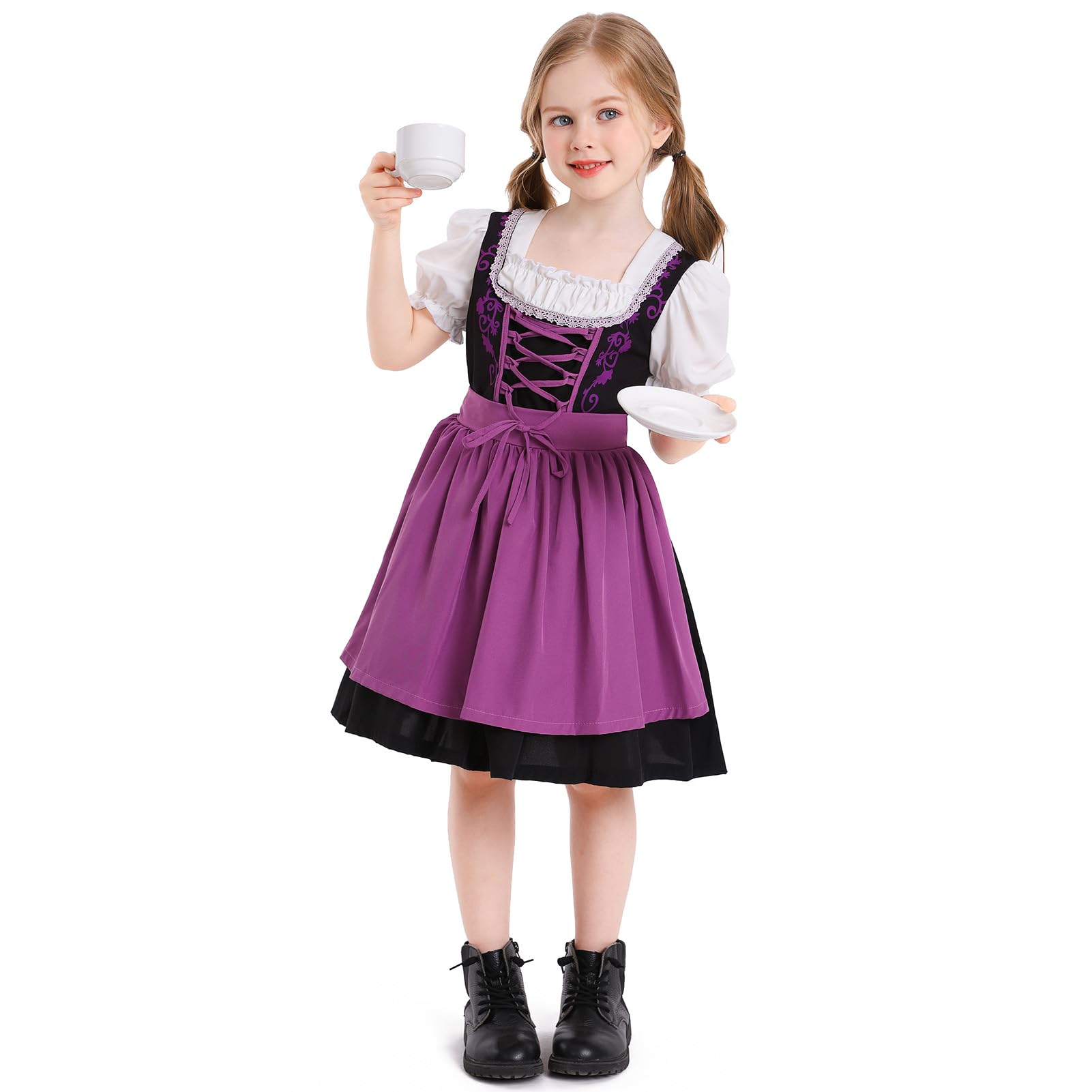 OBEEII Dirndl Mädchen-2Stück Set Dirndl Kleid mit Trachtenbluse und Schürze Bayerisches Tracht Deutsche Oktoberfest Trachtenkleid