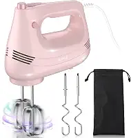 Batedeira elétrica manual com batedor de aço inoxidável, acessório de gancho de massa e bolsa de armazenamento, batedeira portátil para assar bolos, ovos, batedeiras de creme de alimentos.