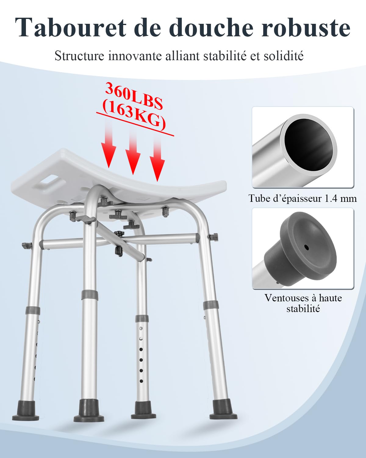 Taburete de ducha de altura ajustable para personas mayores con pasamanos con ventosa, silla antideslizante de aluminio de hasta 136 kg, asiento de ducha, silla para ducha y personas mayores